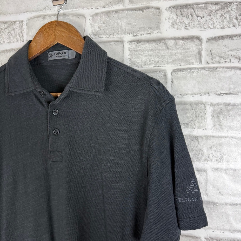 G/FORE Mens Black Slub Texture Golf Polo Shirt Pelican Hill Logo LARGE Stretch - Picture 2 of 7